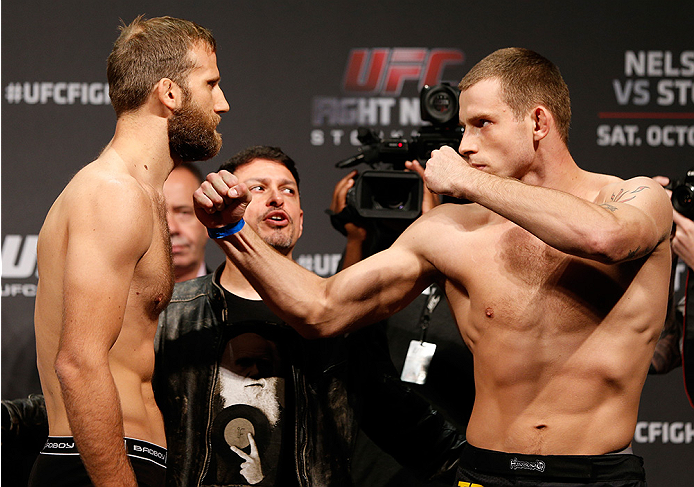 STOCKHOLM, SWEDEN - OCTOBER 03:  (L-R) Opponents Tor Troeng of Sweden and Krzysztof Jotko of Poland face off during the UFC weigh-in at the Ericsson Globe Arena on October 3, 2014 in Stockholm, Sweden.  (Photo by Josh Hedges/Zuffa LLC/Zuffa LLC)