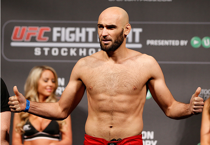 STOCKHOLM, SWEDEN - OCTOBER 03:  Gasan Umalatov of Russia poses on the scale after weighing in during the UFC weigh-in at the Ericsson Globe Arena on October 3, 2014 in Stockholm, Sweden.  (Photo by Josh Hedges/Zuffa LLC/Zuffa LLC)