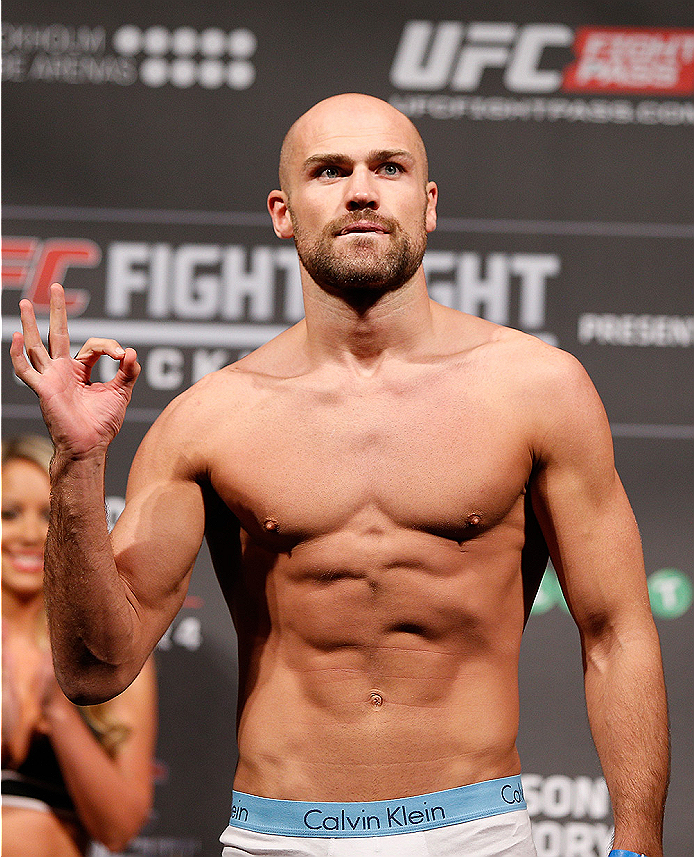 STOCKHOLM, SWEDEN - OCTOBER 03: Cathal Pendred of Ireland poses on the scale after weighing in during the UFC weigh-in at the Ericsson Globe Arena on October 3, 2014 in Stockholm, Sweden. (Photo by Josh Hedges/Zuffa LLC/Zuffa LLC)