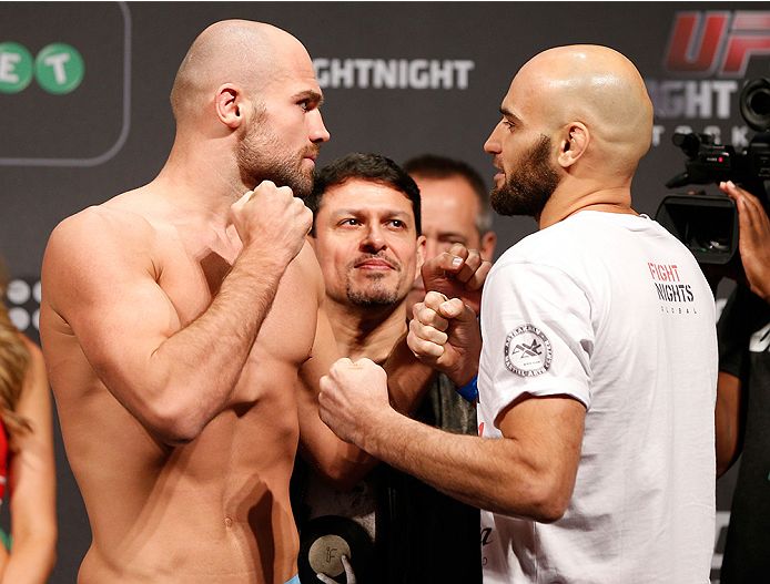STOCKHOLM, SWEDEN - OCTOBER 03: (L-R) Opponents Cathal Pendred of Ireland and Gasan Umalatov of Russia face off during the UFC weigh-in at the Ericsson Globe Arena on October 3, 2014 in Stockholm, Sweden. (Photo by Josh Hedges/Zuffa LLC/Zuffa LLC)