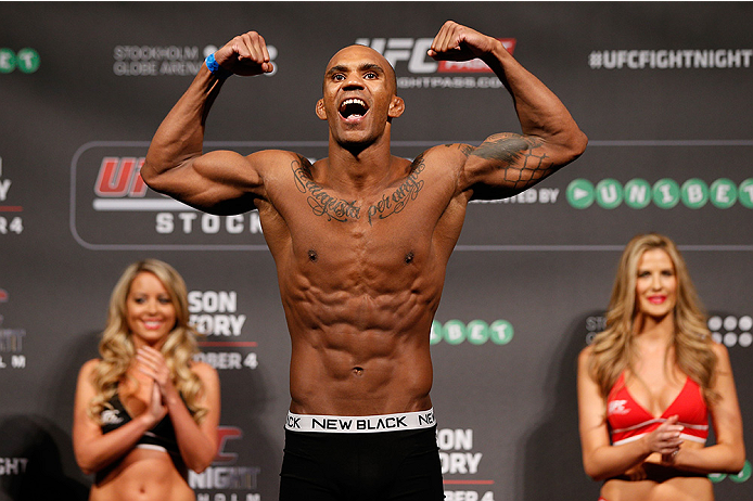 STOCKHOLM, SWEDEN - OCTOBER 03:  Nico Musoke of Sweden poses on the scale after weighing in during the UFC weigh-in at the Ericsson Globe Arena on October 3, 2014 in Stockholm, Sweden.  (Photo by Josh Hedges/Zuffa LLC/Zuffa LLC)