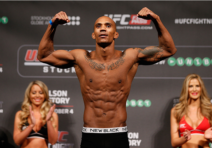 STOCKHOLM, SWEDEN - OCTOBER 03:  Nico Musoke of Sweden poses on the scale after weighing in during the UFC weigh-in at the Ericsson Globe Arena on October 3, 2014 in Stockholm, Sweden.  (Photo by Josh Hedges/Zuffa LLC/Zuffa LLC)