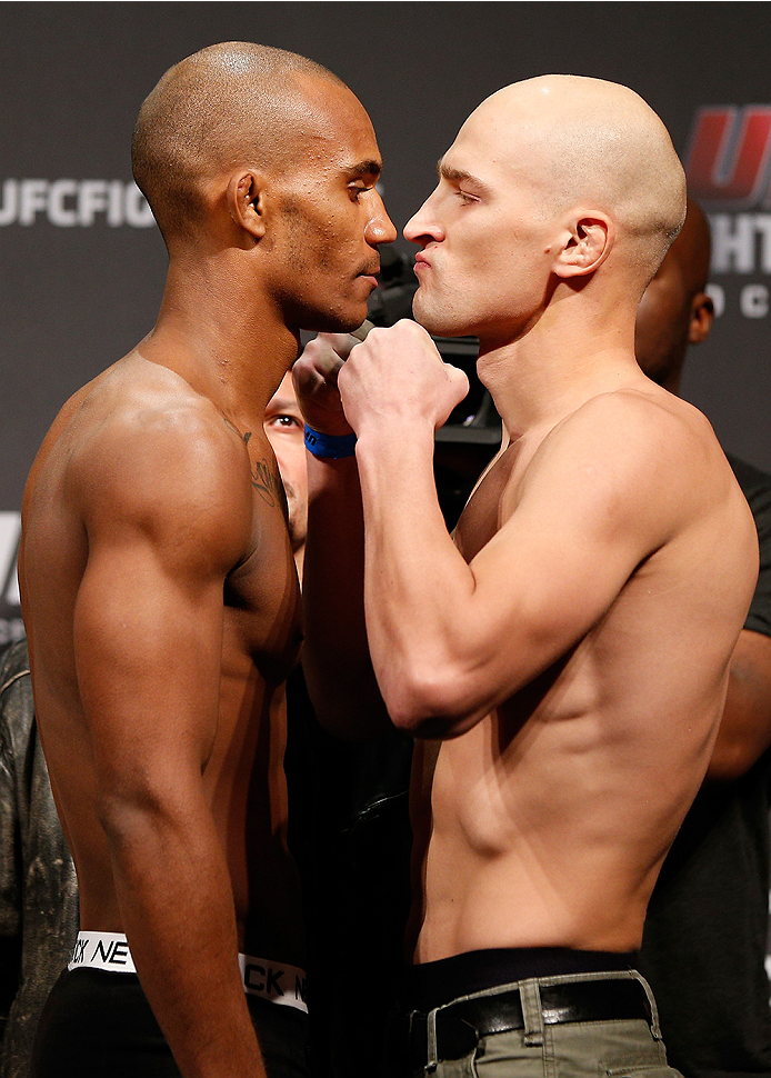 STOCKHOLM, SWEDEN - OCTOBER 03:  (L-R) Opponents Nico Musoke of Sweden and Alexander Yakovlev of Russia face off during the UFC weigh-in at the Ericsson Globe Arena on October 3, 2014 in Stockholm, Sweden.  (Photo by Josh Hedges/Zuffa LLC/Zuffa LLC)