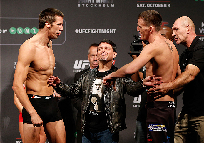 STOCKHOLM, SWEDEN - OCTOBER 03: (L-R) Opponents Magnus Cedenblad of Sweden and Scott Askham of England face off during the UFC weigh-in at the Ericsson Globe Arena on October 3, 2014 in Stockholm, Sweden. (Photo by Josh Hedges/Zuffa LLC/Zuffa LLC)