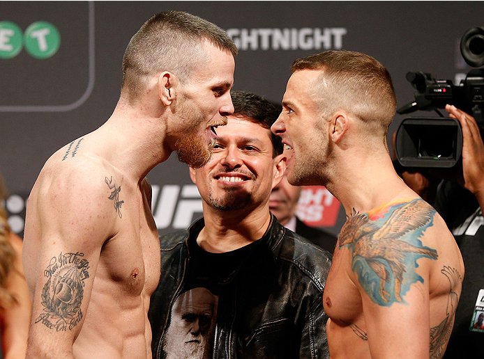 STOCKHOLM, SWEDEN - OCTOBER 03:  (L-R) Opponents Niklas Backstrom of Sweden and Mike Wilkinson of England face off during the UFC weigh-in at the Ericsson Globe Arena on October 3, 2014 in Stockholm, Sweden.  (Photo by Josh Hedges/Zuffa LLC/Zuffa LLC)