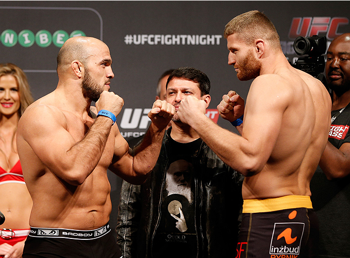 STOCKHOLM, SWEDEN - OCTOBER 03:  (L-R) Opponents Ilir Latifi of Sweden and Jan Blachowicz of Poland face off during the UFC weigh-in at the Ericsson Globe Arena on October 3, 2014 in Stockholm, Sweden.  (Photo by Josh Hedges/Zuffa LLC/Zuffa LLC)