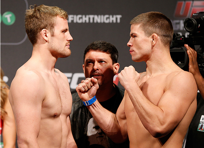 STOCKHOLM, SWEDEN - OCTOBER 03:  (L-R) Opponents Gunnar Nelson of Iceland and Rick Story face off during the UFC weigh-in at the Ericsson Globe Arena on October 3, 2014 in Stockholm, Sweden.  (Photo by Josh Hedges/Zuffa LLC/Zuffa LLC)