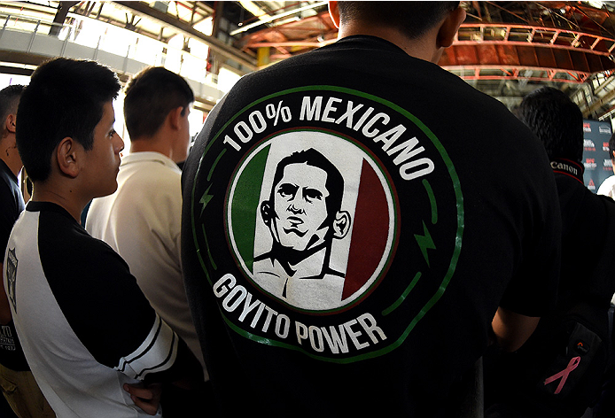 MONTERREY, MEXICO - NOVEMBER 18: A detail shot of a shirt supporting Erik Perez at the open workout for fans and media at Nave Lewis-Parque Fundidora on November 18, 2015 in Monterrey, Mexico. (Photo by Jeff Bottari/Zuffa LLC/Zuffa LLC via Getty Images)