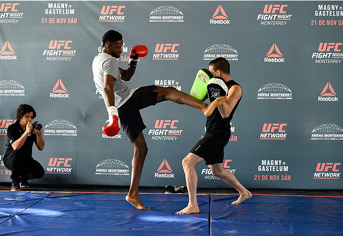 MONTERREY, MEXICO - NOVEMBER 18:  Neil Magny holds an open workout for fans and media at Nave Lewis-Parque Fundidora on November 18, 2015 in Monterrey, Mexico. (Photo by Jeff Bottari/Zuffa LLC/Zuffa LLC via Getty Images)