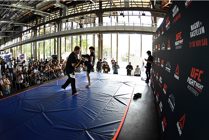 MONTERREY, MEXICO - NOVEMBER 18:  Henry Cejudo holds an open workout for fans and media at Nave Lewis-Parque Fundidora on November 18, 2015 in Monterrey, Mexico. (Photo by Jeff Bottari/Zuffa LLC/Zuffa LLC via Getty Images)