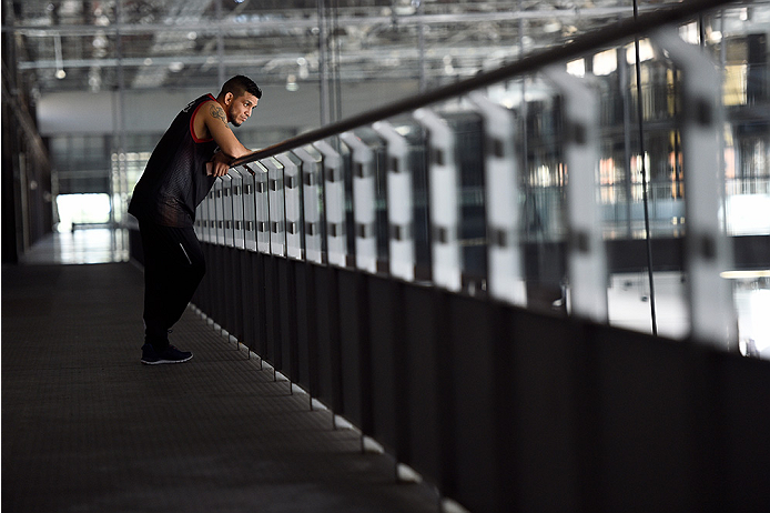 MONTERREY, MEXICO - NOVEMBER 18: Efrain Escudero waits backstage before taking part in the open workout for fans and media at Nave Lewis-Parque Fundidora on November 18, 2015 in Monterrey, Mexico. (Photo by Jeff Bottari/Zuffa LLC/Zuffa LLC via Getty Imag