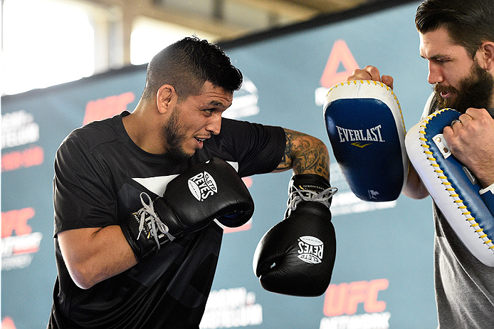 MONTERREY, MEXICO - NOVEMBER 18:  Efrain Escudero holds an open workout for fans and media at Nave Lewis-Parque Fundidora on November 18, 2015 in Monterrey, Mexico. (Photo by Jeff Bottari/Zuffa LLC/Zuffa LLC via Getty Images)