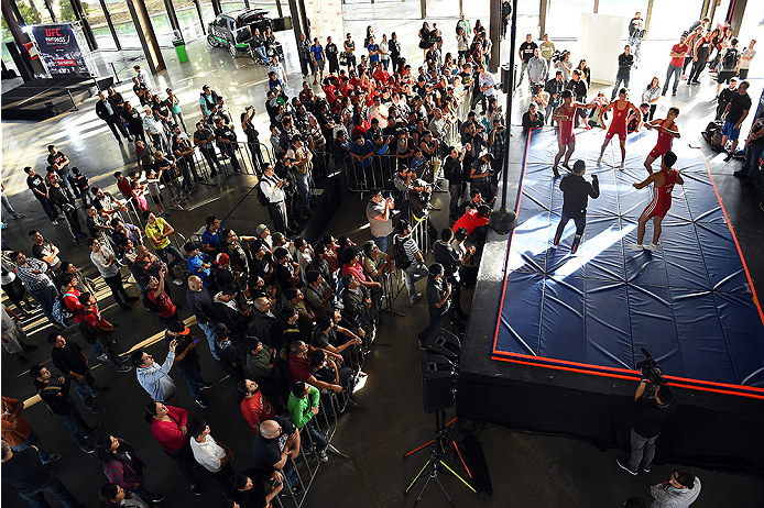 MONTERREY, MEXICO - NOVEMBER 18:  Fans gather as Erik 'Goyito' Perez holds an open workout for fans and media at Nave Lewis-Parque Fundidora on November 18, 2015 in Monterrey, Mexico. (Photo by Jeff Bottari/Zuffa LLC/Zuffa LLC via Getty Images)