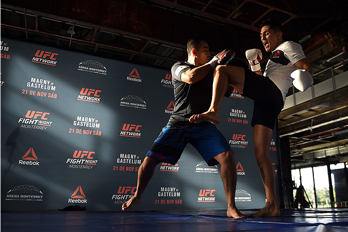 MONTERREY, MEXICO - NOVEMBER 18:  Erik 'Goyito' Perez holds an open workout for fans and media at Nave Lewis-Parque Fundidora on November 18, 2015 in Monterrey, Mexico. (Photo by Jeff Bottari/Zuffa LLC/Zuffa LLC via Getty Images)