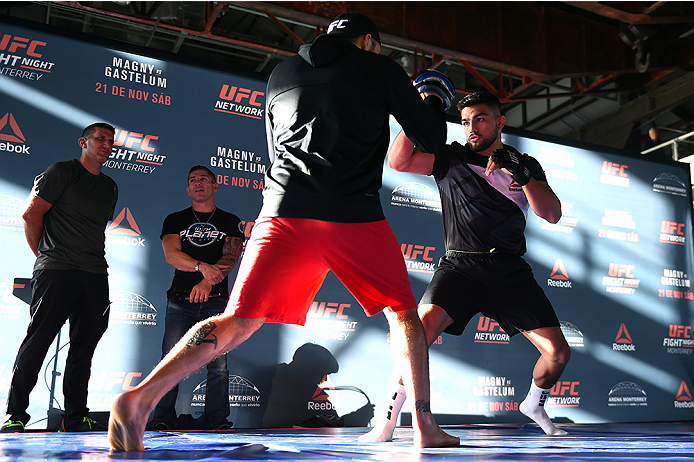 MONTERREY, MEXICO - NOVEMBER 18:  Kelvin Gastelum holds an open workout for fans and media at Nave Lewis-Parque Fundidora on November 18, 2015 in Monterrey, Mexico. (Photo by Jeff Bottari/Zuffa LLC/Zuffa LLC via Getty Images)