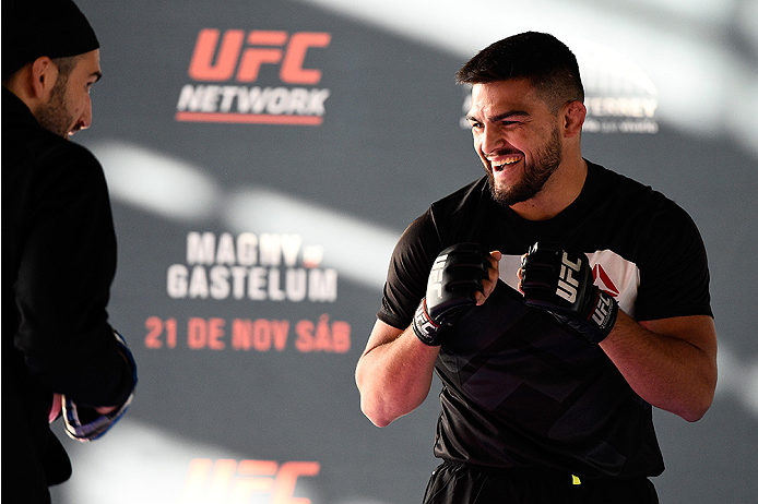 MONTERREY, MEXICO - NOVEMBER 18:  Kelvin Gastelum holds an open workout for fans and media at Nave Lewis-Parque Fundidora on November 18, 2015 in Monterrey, Mexico. (Photo by Jeff Bottari/Zuffa LLC/Zuffa LLC via Getty Images)