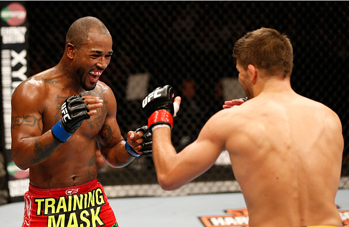 SAN JOSE, CA - JULY 26:  (L-R) Bobby Green smiles as he battles Josh Thomson in their lightweight bout during the UFC Fight Night event at SAP Center on July 26, 2014 in San Jose, California.  (Photo by Josh Hedges/Zuffa LLC/Zuffa LLC via Getty Images)