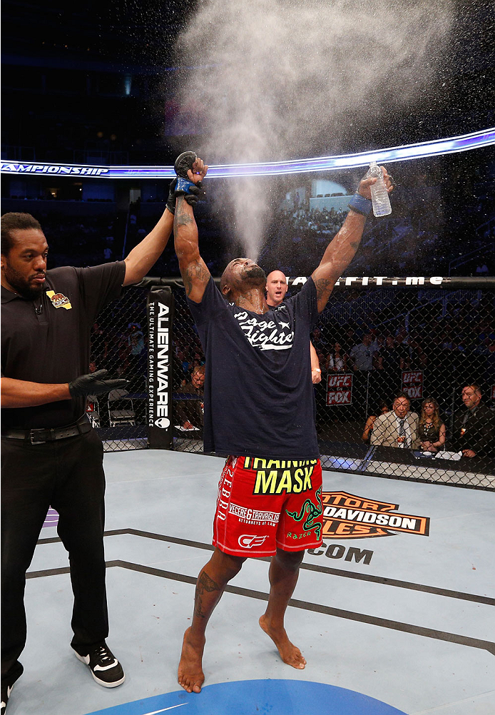 SAN JOSE, CA - JULY 26:  Bobby Green celebrates after his split-decision victory over Josh Thomson in their lightweight bout during the UFC Fight Night event at SAP Center on July 26, 2014 in San Jose, California.  (Photo by Josh Hedges/Zuffa LLC/Zuffa LL