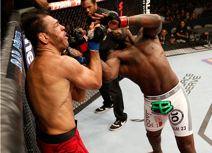 SAN JOSE, CA - JULY 26: (R-L) Anthony Johnson knocks out Antonio Rogerio Nogueira with a series of uppercuts in their light heavyweight bout during the UFC Fight Night event at SAP Center on July 26, 2014 in San Jose, California. (Photo by Josh Hedges/Z