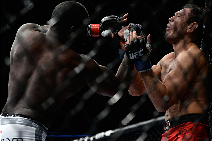 SAN JOSE, CA - JULY 26: (L-R) Anthony ''Rumble'' Johnson punches Antonio Rogerio Nogueira in their light heavyweight bout during the UFC Fight Night event at the SAP Center on July 26, 2014 in San Jose, California. (Photo by Jeff Bottari/Zuffa LLC/Zuffa L