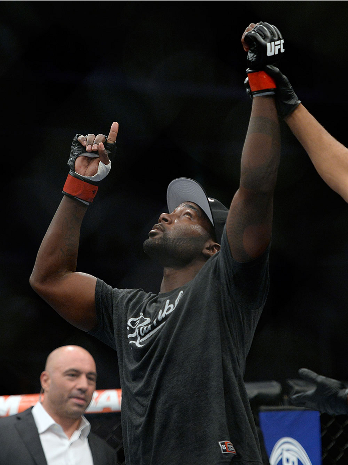 SAN JOSE, CA - JULY 26: Anthony ''Rumble'' Johnson celebrates after defeating Antonio Rogerio Nogueira in their light heavyweight bout during the UFC Fight Night event at the SAP Center on July 26, 2014 in San Jose, California. (Photo by Jeff Bottari/Zuff