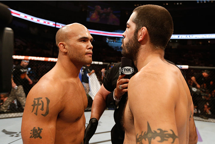 SAN JOSE, CA - JULY 26:  (L-R) Robbie "Ruthless" Lawler and Matt "The Immortal" Brown touch gloves before facing each other in their welterweight bout during the UFC Fight Night event at SAP Center on July 26, 2014 in San Jose, California.  (Photo by Josh