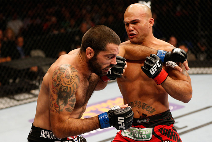 SAN JOSE, CA - JULY 26:  (R-L) Robbie Lawler punches Matt Brown in their welterweight bout during the UFC Fight Night event at SAP Center on July 26, 2014 in San Jose, California.  (Photo by Josh Hedges/Zuffa LLC/Zuffa LLC via Getty Images)