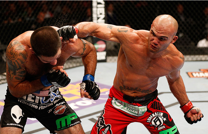 SAN JOSE, CA - JULY 26:  (R-L) Robbie Lawler punches Matt Brown in their welterweight bout during the UFC Fight Night event at SAP Center on July 26, 2014 in San Jose, California.  (Photo by Josh Hedges/Zuffa LLC/Zuffa LLC via Getty Images)