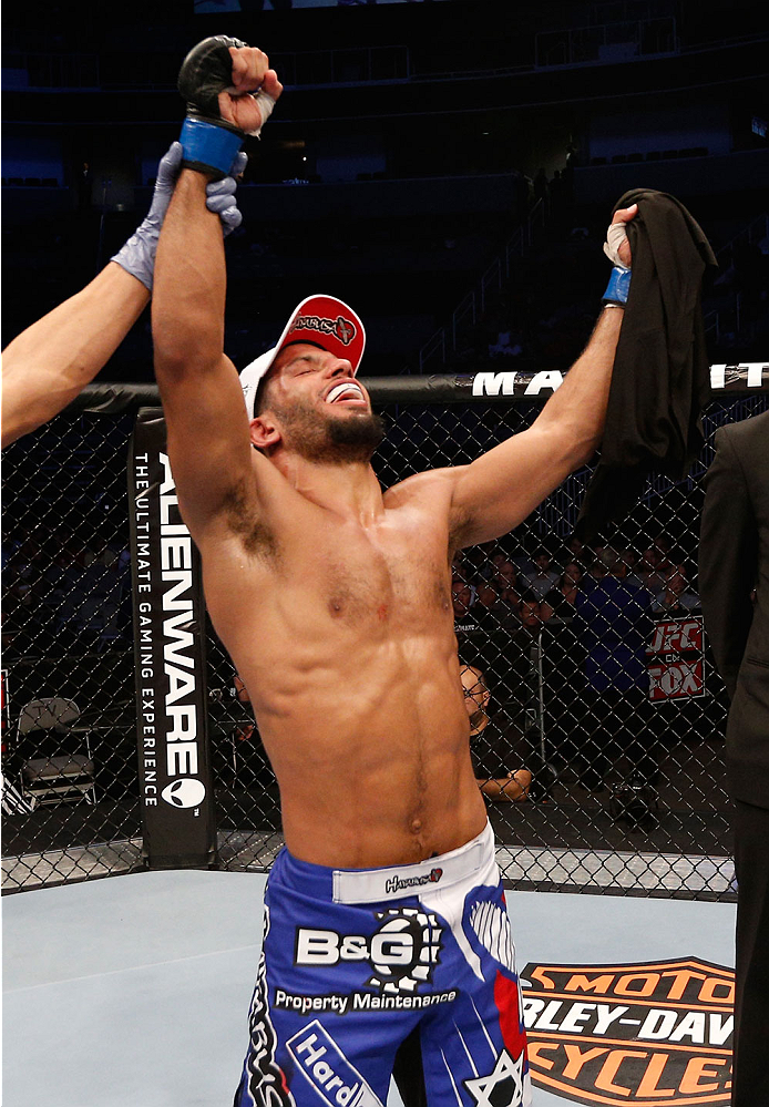 SAN JOSE, CA - JULY 26: Noad Lahat celebrates after defeating Steven Siler in their featherweight bout during the UFC Fight Night event at SAP Center on July 26, 2014 in San Jose, California. (Photo by Josh Hedges/Zuffa LLC/Zuffa LLC via Getty Images)