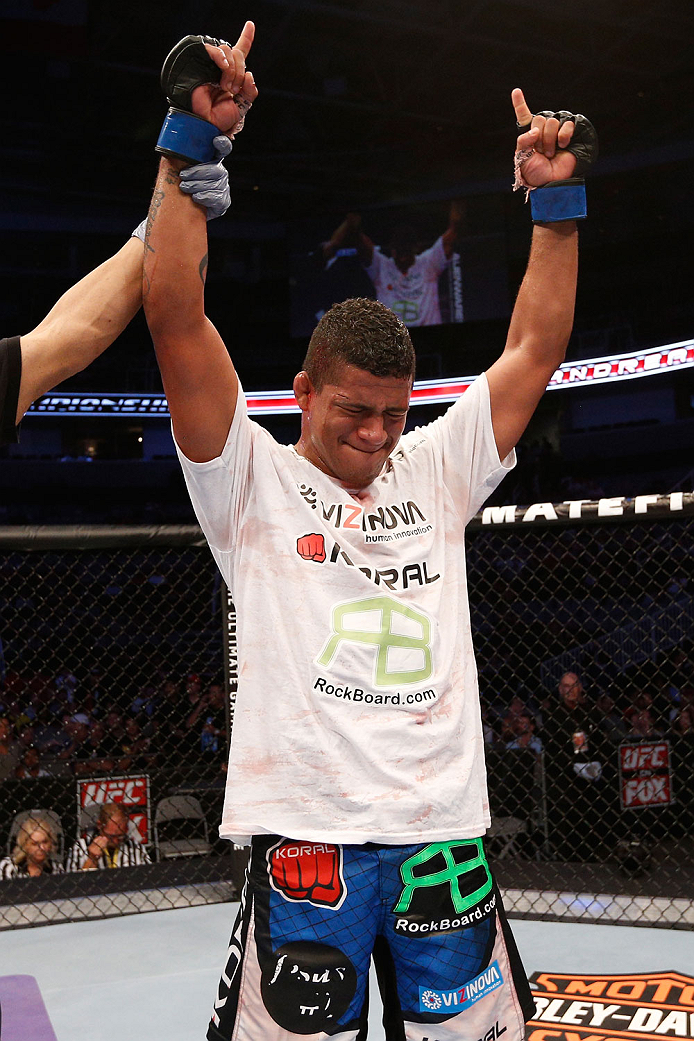 SAN JOSE, CA - JULY 26: Gilbert Burns celebrates after defeating Andreas Stahl in their welterweight bout during the UFC Fight Night event at SAP Center on July 26, 2014 in San Jose, California. (Photo by Josh Hedges/Zuffa LLC/Zuffa LLC via Getty Images