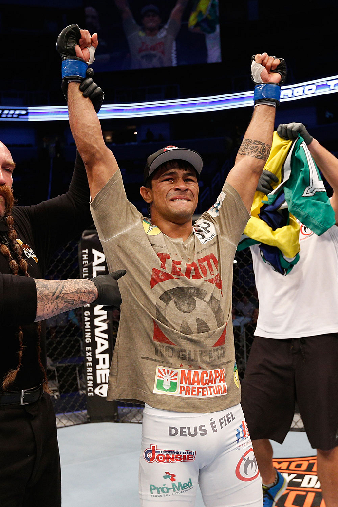 SAN JOSE, CA - JULY 26: Tiago Trator celebrates after defeating Akbarh Arreola in their lightweight bout during the UFC Fight Night event at SAP Center on July 26, 2014 in San Jose, California. (Photo by Josh Hedges/Zuffa LLC/Zuffa LLC via Getty Images)