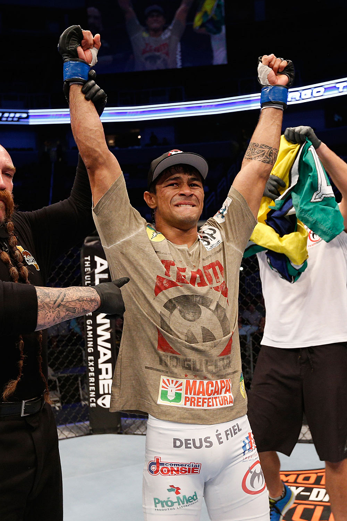 SAN JOSE, CA - JULY 26:  Tiago Trator celebrates after defeating Akbarh Arreola in their lightweight bout during the UFC Fight Night event at SAP Center on July 26, 2014 in San Jose, California.  (Photo by Josh Hedges/Zuffa LLC/Zuffa LLC via Getty Images)