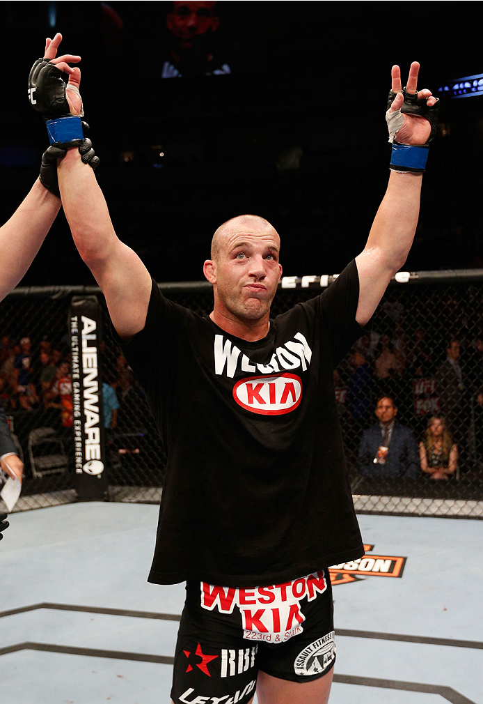 SAN JOSE, CA - JULY 26:  Patrick Cummins celebrates after his unanimous-decision victory over Kyle Kingsbury in their light heavyweight bout during the UFC Fight Night event at SAP Center on July 26, 2014 in San Jose, California.  (Photo by Josh Hedges/Zu