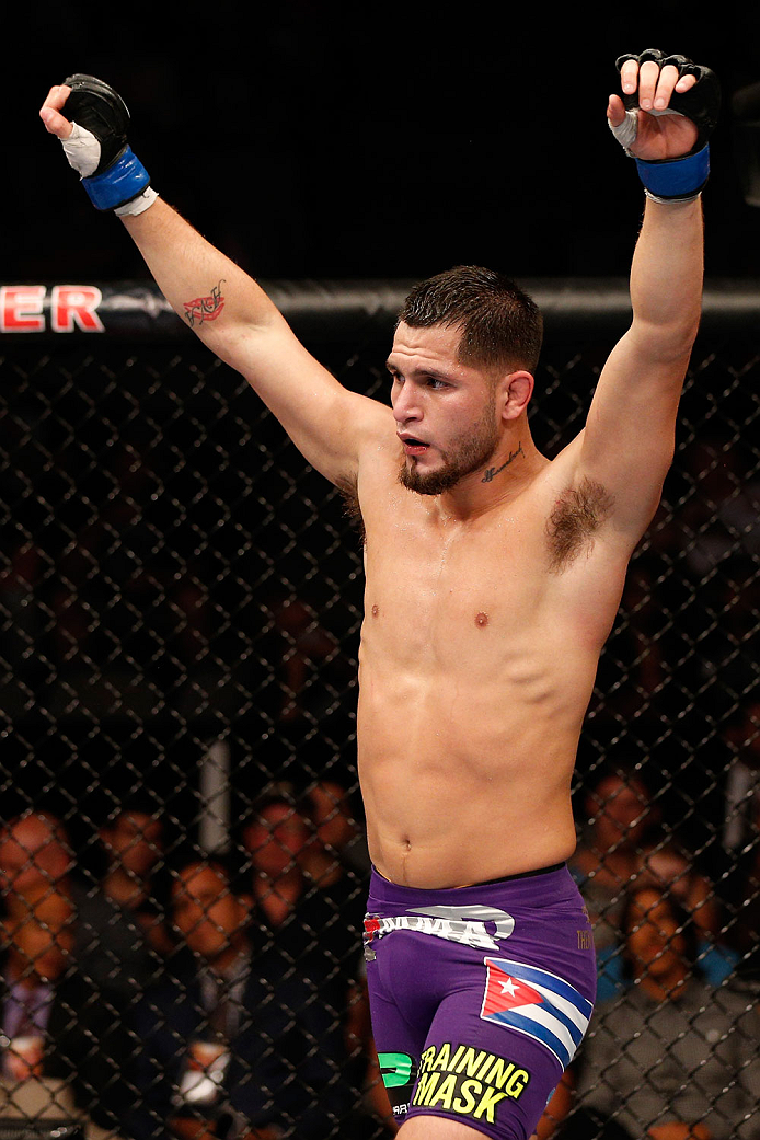 SAN JOSE, CA - JULY 26: Jorge Masvidal celebrates after the conclusion of his lightweight bout against Daron Cruickshank during the UFC Fight Night event at SAP Center on July 26, 2014 in San Jose, California. Masvidal defeated Cruickshank by unanimous