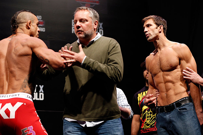 JARAGUA DO SUL, BRAZIL - MAY 17: (L-R) Opponents Vitor Belfort and Luke Rockhold are separated after a heated face-off during the UFC on FX weigh-in on May 17, 2013 at the Arena Jaragua in Jaragua do Sul, Santa Catarina, Brazil. (Photo by Josh Hedges/Zuff