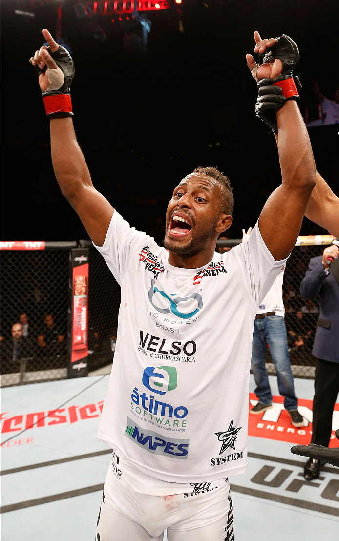 SAO PAULO, BRAZIL - MAY 31: Kevin Souza reacts after his TKO victory over Mark Eddiva in their featherweight fight during the UFC Fight Night event at the Ginasio do Ibirapuera on May 31, 2014 in Sao Paulo, Brazil. (Photo by Josh Hedges/Zuffa LLC/Zuffa LL