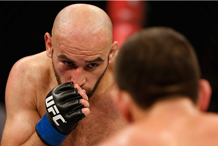 SAO PAULO, BRAZIL - MAY 31:  (L-R) Gasan Umalatov squares off with Paulo Thiago in their welterweight fight during the UFC Fight Night event at the Ginasio do Ibirapuera on May 31, 2014 in Sao Paulo, Brazil. (Photo by Josh Hedges/Zuffa LLC/Zuffa LLC via G