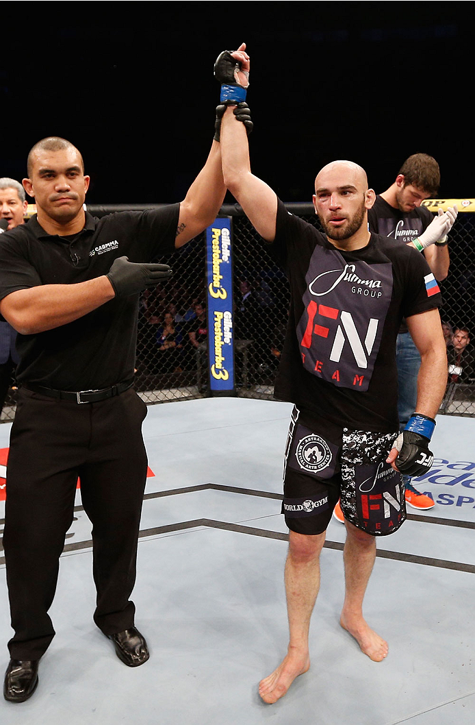 SAO PAULO, BRAZIL - MAY 31:  Gasan Umalatov reacts after his decision victory over Paulo Thiago in their welterweight fight during the UFC Fight Night event at the Ginasio do Ibirapuera on May 31, 2014 in Sao Paulo, Brazil. (Photo by Josh Hedges/Zuffa LLC