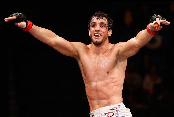 SAO PAULO, BRAZIL - MAY 31: Elias Silverio reacts after his submission victory over Ernest Chavez in their lightweight fight during the UFC Fight Night event at the Ginasio do Ibirapuera on May 31, 2014 in Sao Paulo, Brazil. (Photo by Josh Hedges/Zuffa LL