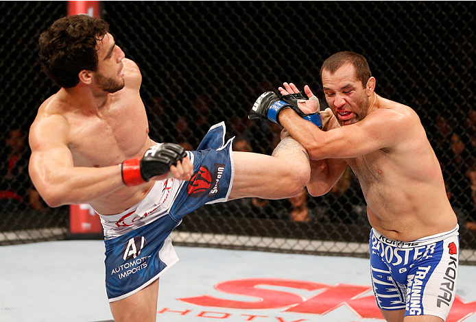 SAO PAULO, BRAZIL - MAY 31: (L-R) Elias Silverio kicks Ernest Chavez in their lightweight fight during the UFC Fight Night event at the Ginasio do Ibirapuera on May 31, 2014 in Sao Paulo, Brazil. (Photo by Josh Hedges/Zuffa LLC/Zuffa LLC via Getty Images)