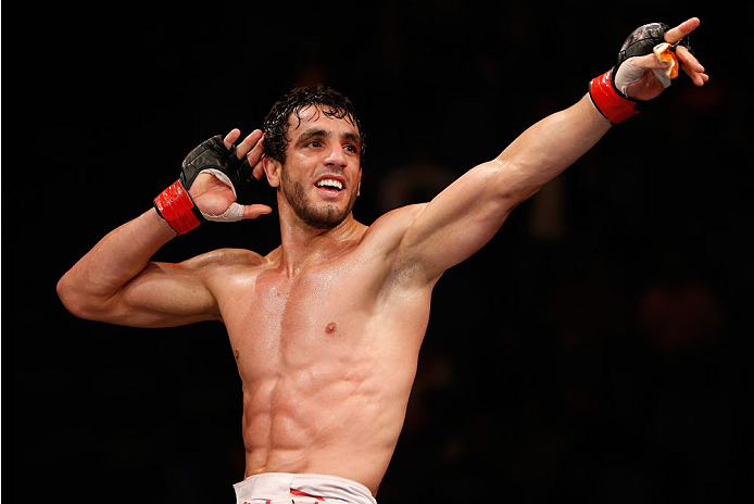 SAO PAULO, BRAZIL - MAY 31: Elias Silverio reacts after his submission victory over Ernest Chavez in their lightweight fight during the UFC Fight Night event at the Ginasio do Ibirapuera on May 31, 2014 in Sao Paulo, Brazil. (Photo by Josh Hedges/Zuffa LL