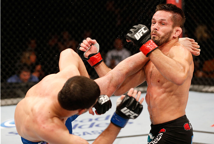 SAO PAULO, BRAZIL - MAY 31: (L-R) Rashid Magomedov kicks Rodrigo Damm in their lightweight fight during the UFC Fight Night event at the Ginasio do Ibirapuera on May 31, 2014 in Sao Paulo, Brazil. (Photo by Josh Hedges/Zuffa LLC/Zuffa LLC via Getty Images