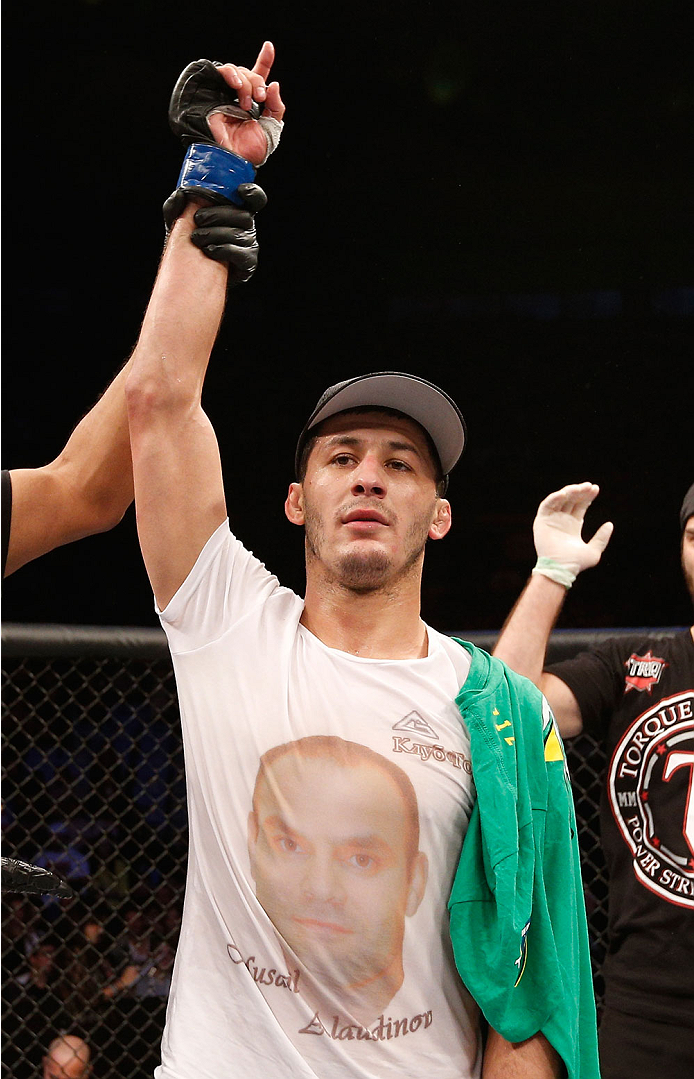 SAO PAULO, BRAZIL - MAY 31: Rashid Magomedov reacts after his decision victory over Rodrigo Damm in their lightweight fight during the UFC Fight Night event at the Ginasio do Ibirapuera on May 31, 2014 in Sao Paulo, Brazil. (Photo by Josh Hedges/Zuffa LLC