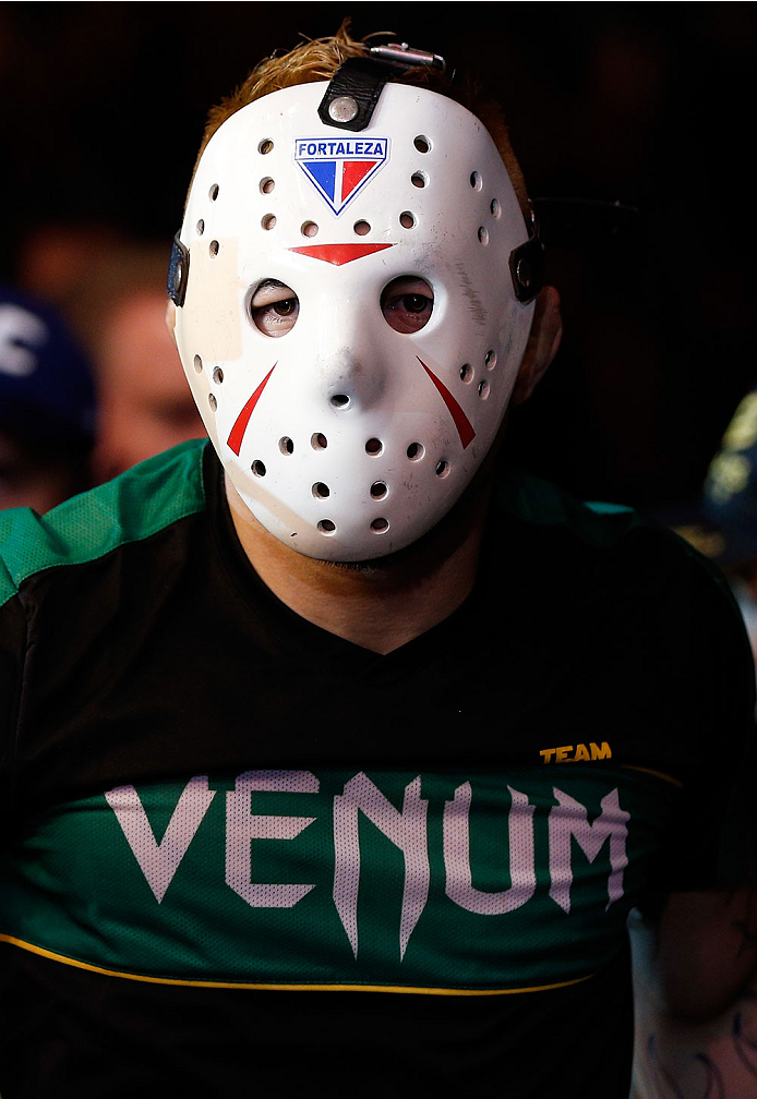 SAO PAULO, BRAZIL - MAY 31: Rony "Jason" Mariano-Bazzera enters the arena before his featherweight fight against Robbie Peralta during the UFC Fight Night event at the Ginasio do Ibirapuera on May 31, 2014 in Sao Paulo, Brazil. (Photo by Josh Hedges/Zuffa