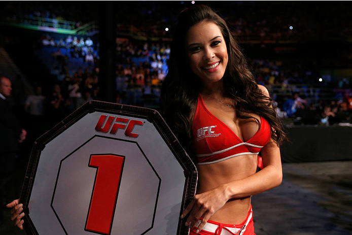 SAO PAULO, BRAZIL - MAY 31: UFC Octagon Girl Camila Rodrigues de Oliveira introduces a round during the UFC Fight Night event at the Ginasio do Ibirapuera on May 31, 2014 in Sao Paulo, Brazil. (Photo by Josh Hedges/Zuffa LLC/Zuffa LLC via Getty Images)