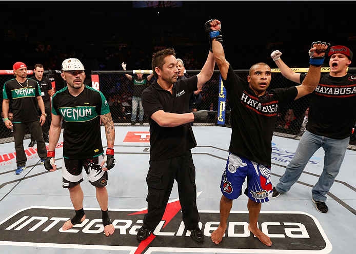 SAO PAULO, BRAZIL - MAY 31: Robbie Peralta reacts after his split decision victory over Rony "Jason" Mariano-Bazzera in their featherweight fight during the UFC Fight Night event at the Ginasio do Ibirapuera on May 31, 2014 in Sao Paulo, Brazil. (Photo by