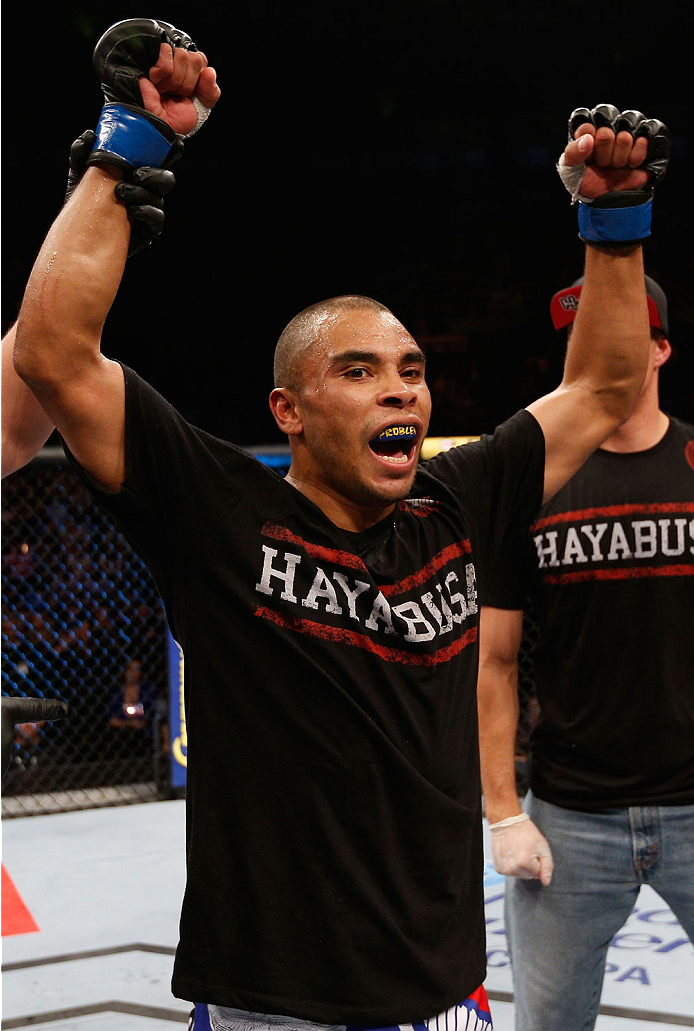 SAO PAULO, BRAZIL - MAY 31: Robbie Peralta reacts after his split decision victory over Rony "Jason" Mariano-Bazzera in their featherweight fight during the UFC Fight Night event at the Ginasio do Ibirapuera on May 31, 2014 in Sao Paulo, Brazil. (Photo by