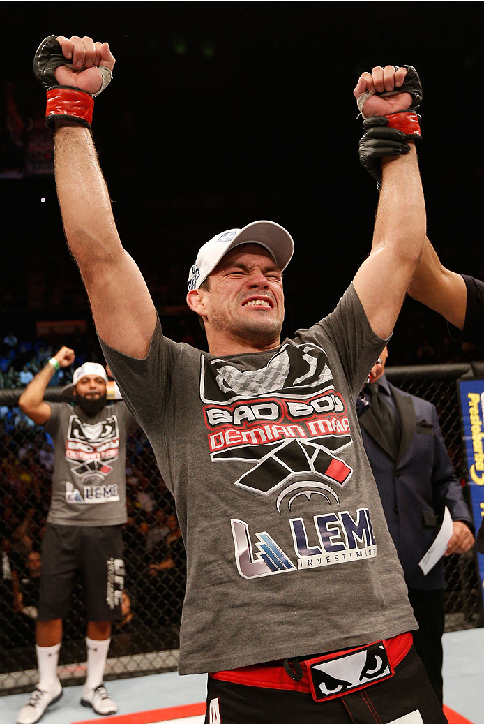 SAO PAULO, BRAZIL - MAY 31: Demian Maia reacts after his unanimous decision victory over Alexander Yakovlev in their welterweight fight during the UFC Fight Night event at the Ginasio do Ibirapuera on May 31, 2014 in Sao Paulo, Brazil. (Photo by Josh Hedg