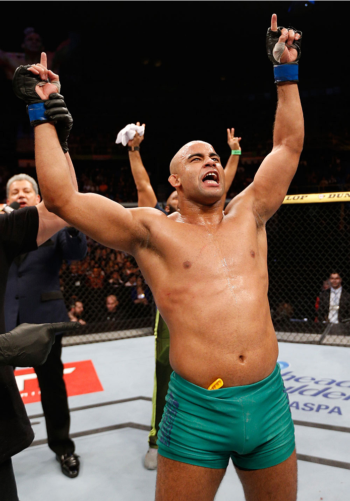SAO PAULO, BRAZIL - MAY 31: Warlley Alves reacts after his submission victory over Marcio Alexandre in their middleweight fight during the UFC Fight Night event at the Ginasio do Ibirapuera on May 31, 2014 in Sao Paulo, Brazil. (Photo by Josh Hedges/Zuff