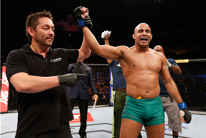 SAO PAULO, BRAZIL - MAY 31:  Warlley Alves reacts after his submission victory over Marcio Alexandre in their middleweight fight during the UFC Fight Night event at the Ginasio do Ibirapuera on May 31, 2014 in Sao Paulo, Brazil. (Photo by Josh Hedges/Zuff